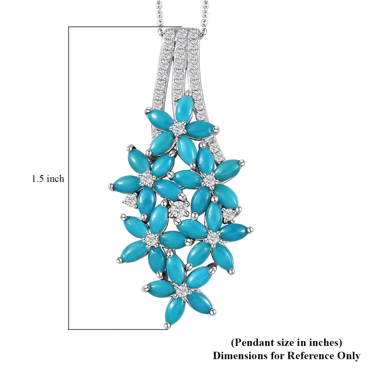 Sleeping Beauty Turquoise and White Zircon Floral Pendant Necklace 20 Inches in Rhodium Over Sterling Silver 4.75 ctw image number 5