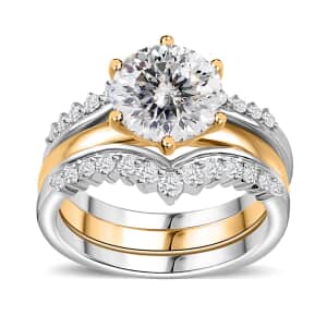 120 Facet Moissanite Set of 3 Stackable Ring in Vermeil YG and Platinum Over Sterling Silver (Size 5.0) 3.25 ctw