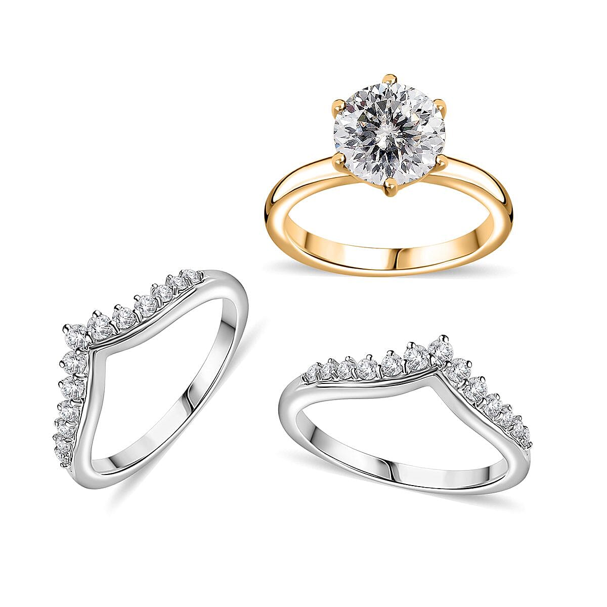 120 Facet Moissanite Set of 3 Stackable Ring in Vermeil YG and Platinum Over Sterling Silver (Size 5.0) 3.25 ctw