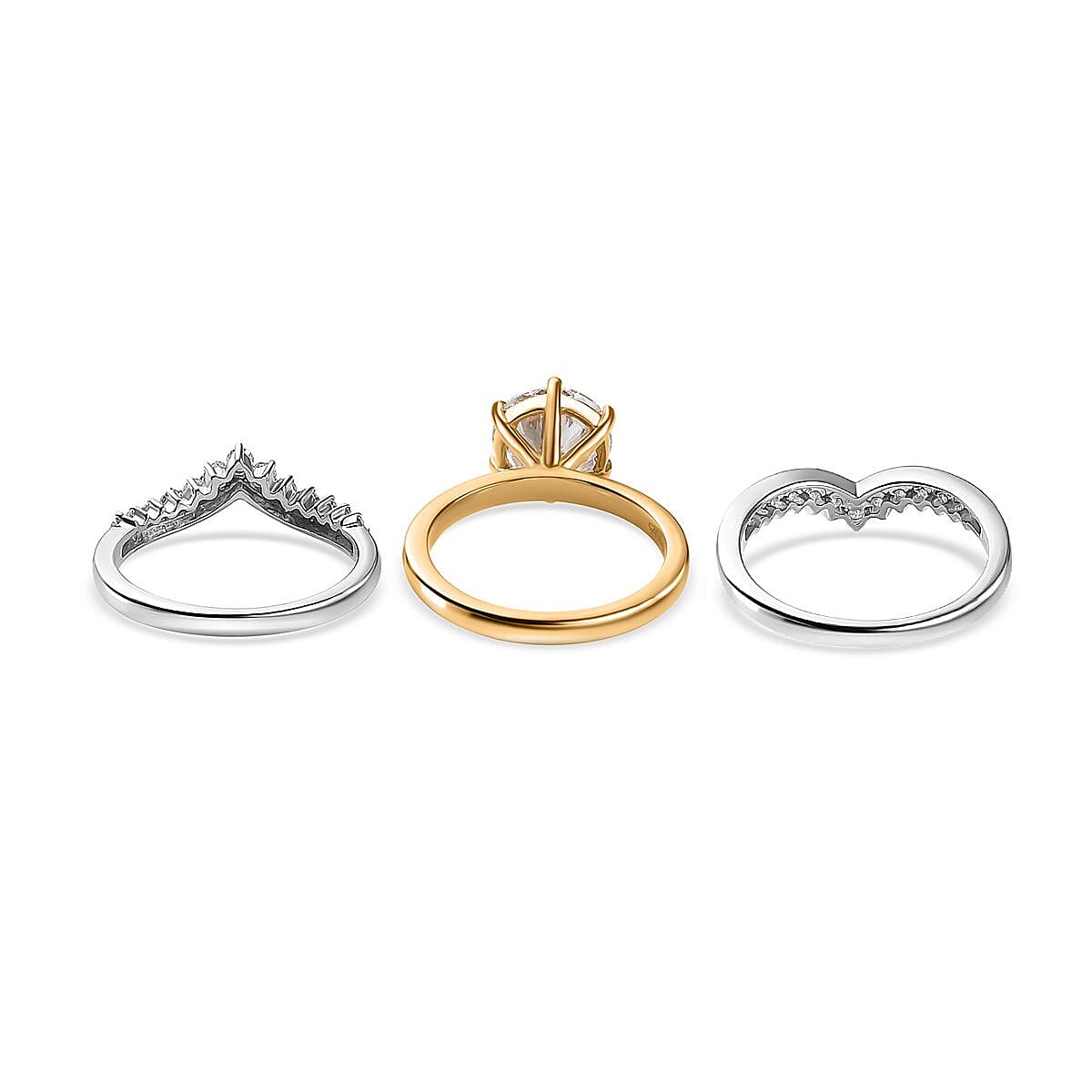 120 Facet Moissanite Set of 3 Stackable Ring in Vermeil YG and Platinum Over Sterling Silver (Size 5.0) 3.25 ctw
