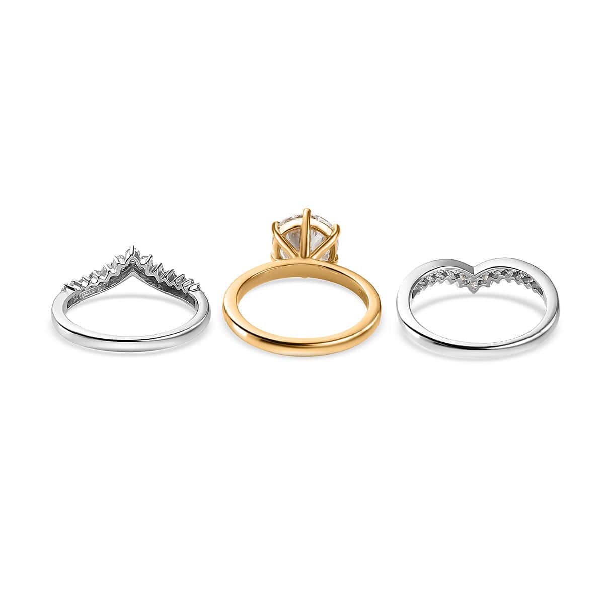 120 Facet Moissanite Set of 3 Stackable Ring in Vermeil YG and Platinum Over Sterling Silver (Size 5.0) 3.25 ctw image number 6