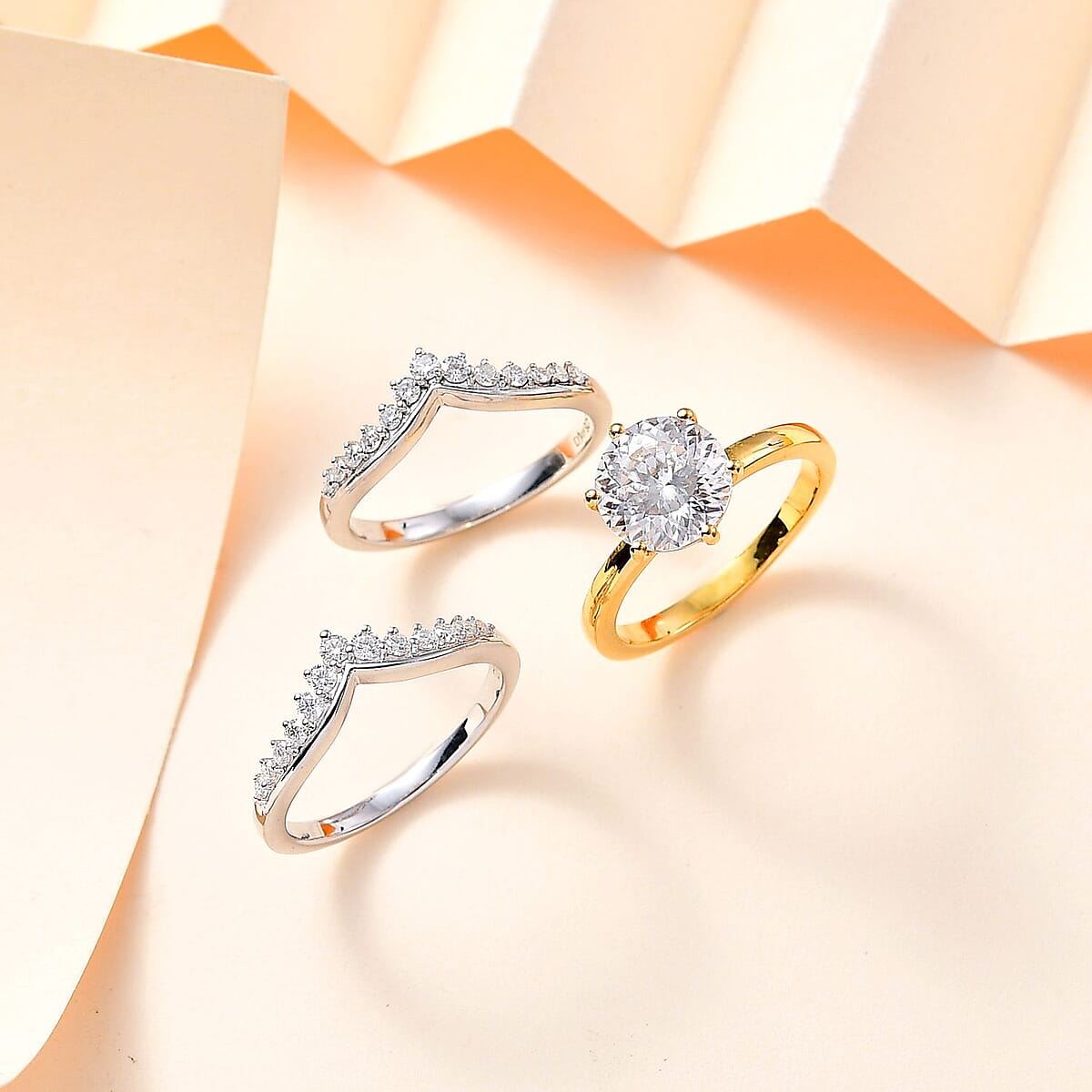 120 Facet Moissanite Set of 3 Stackable Ring in Vermeil YG and Platinum Over Sterling Silver (Size 8.0) 3.25 ctw image number 1