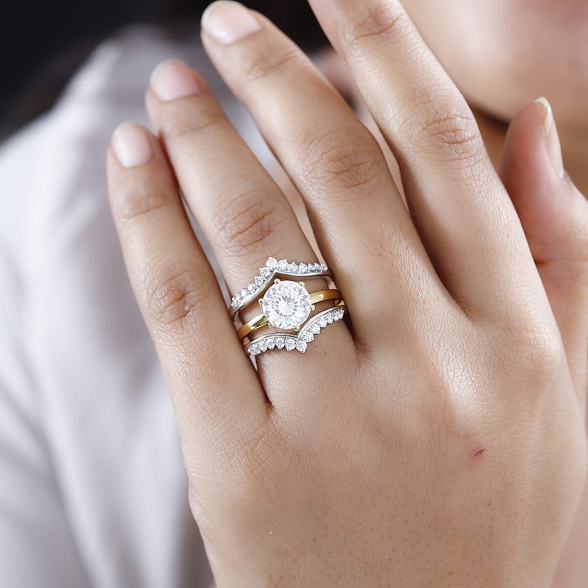 120 Facet Moissanite Set of 3 Stackable Ring in Vermeil YG and Platinum Over Sterling Silver (Size 8.0) 3.25 ctw image number 2