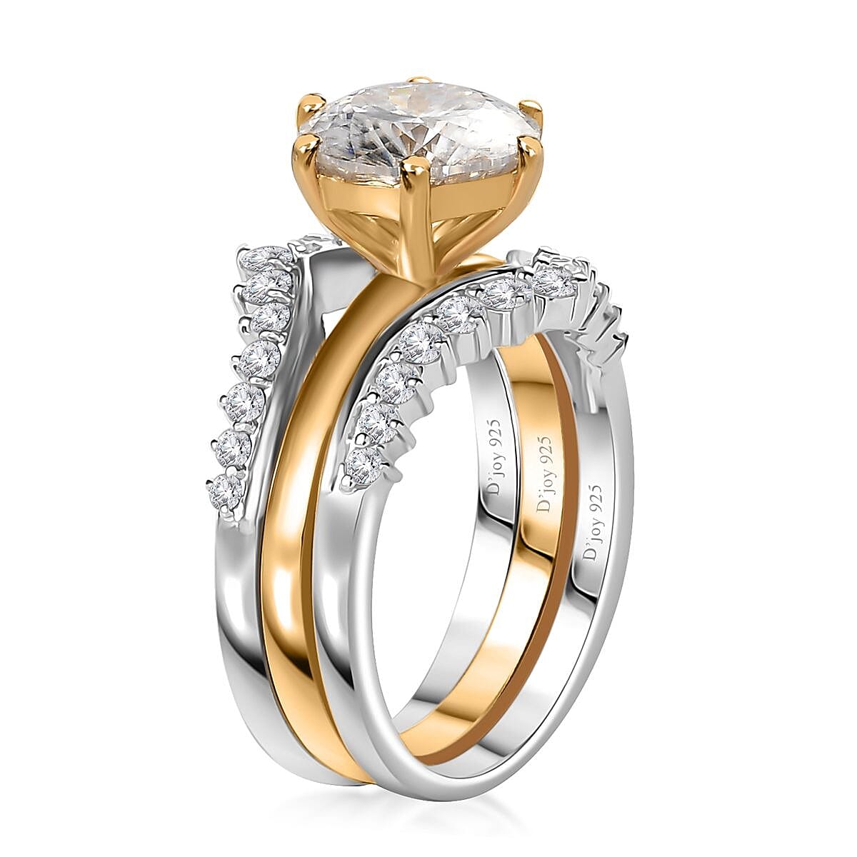 120 Facet Moissanite Set of 3 Stackable Ring in Vermeil YG and Platinum Over Sterling Silver (Size 8.0) 3.25 ctw image number 3