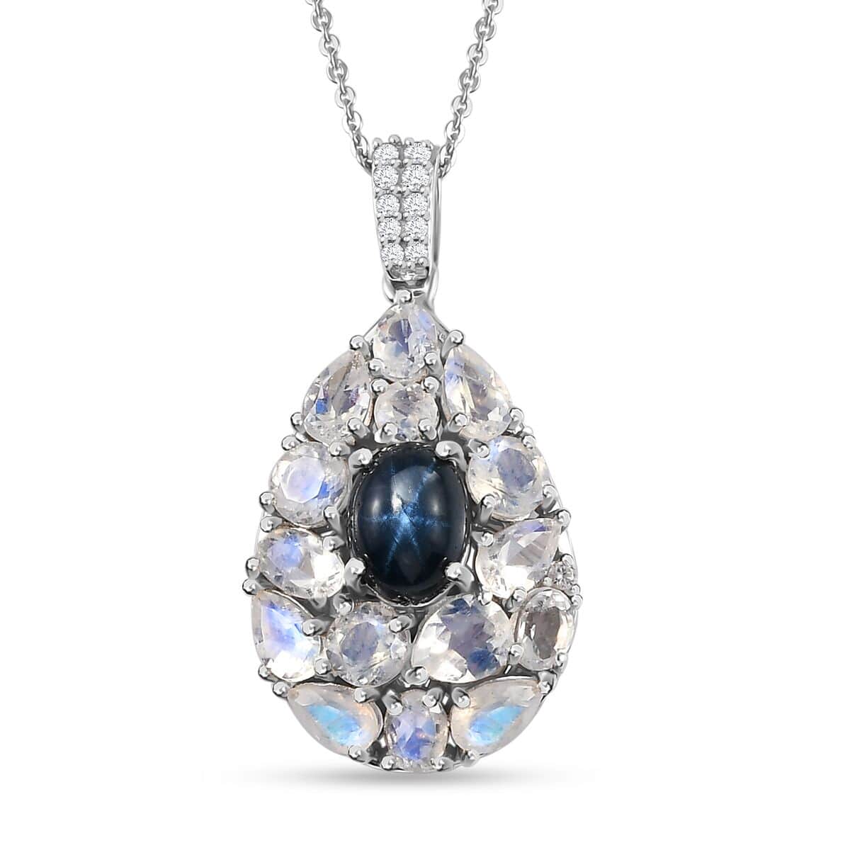 Blue Star Sapphire (DF) and Multi Gemstone Pendant Necklace 20 Inches in Platinum Over Sterling Silver 5.40 ctw image number 0