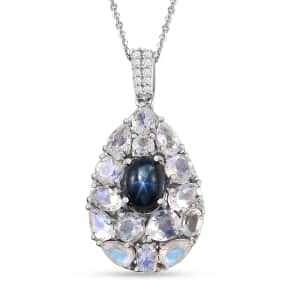 Blue Star Sapphire (DF) and Multi Gemstone Pendant Necklace 20 Inches in Platinum Over Sterling Silver 5.40 ctw