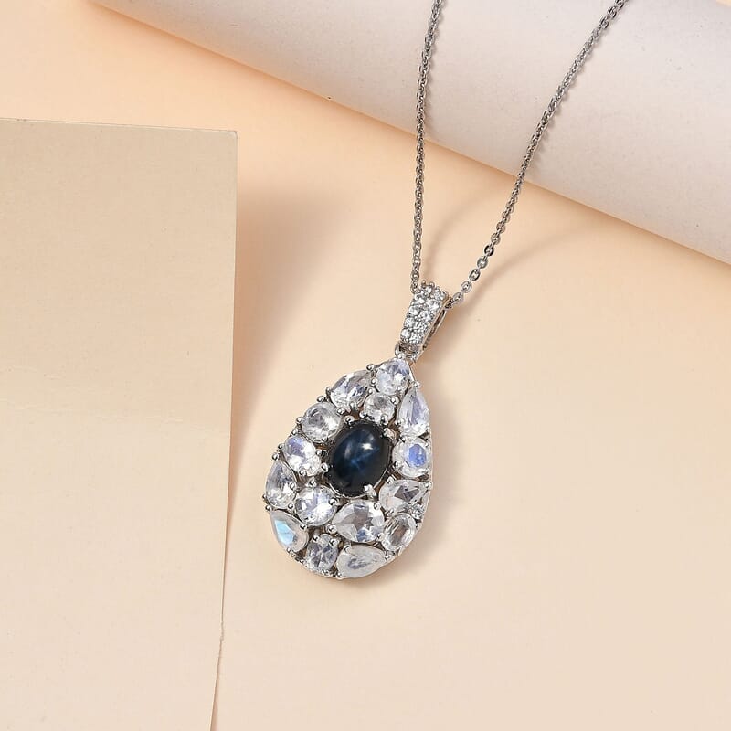 Blue Star Sapphire (DF) and Multi Gemstone Pendant Necklace 20 Inches in Platinum Over Sterling Silver 5.40 ctw