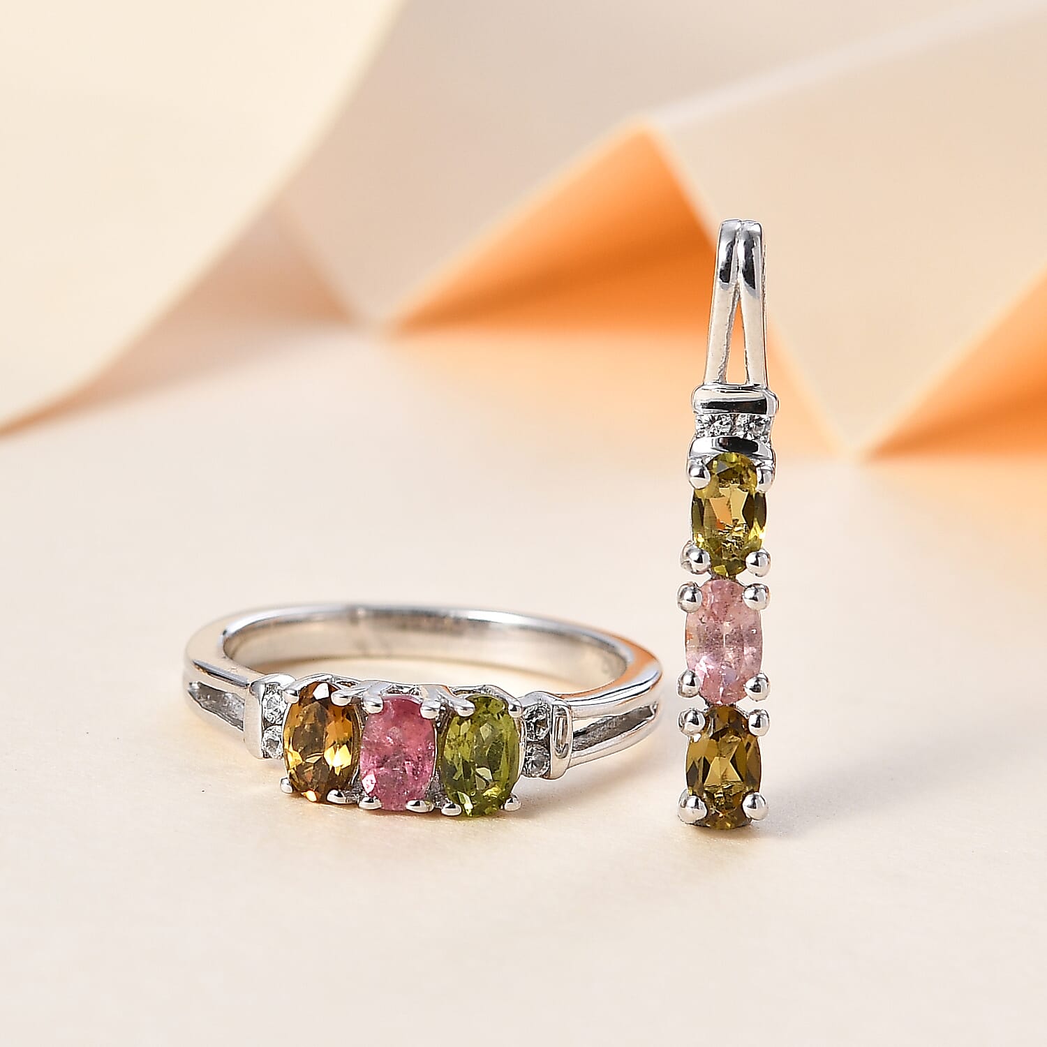 Multi-Tourmaline and White Zircon Trilogy Ring (Size 5.0) and Pendant without Chain in Rhodium Over Sterling Silver 1.50 ctw
