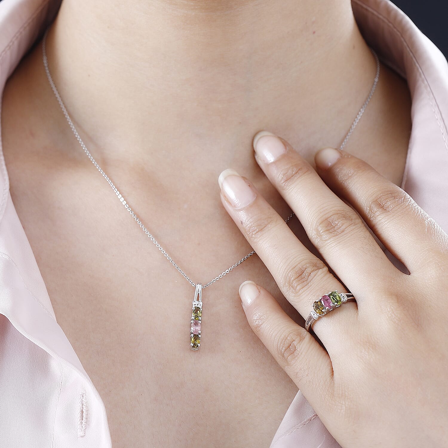 Multi-Tourmaline and White Zircon Trilogy Ring (Size 5.0) and Pendant without Chain in Rhodium Over Sterling Silver 1.50 ctw