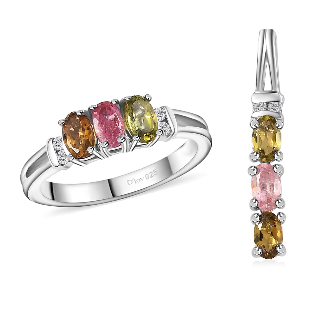 Multi-Tourmaline and White Zircon Trilogy Ring (Size 6.0) and Pendant in Rhodium Over Sterling Silver 1.50 ctw image number 0