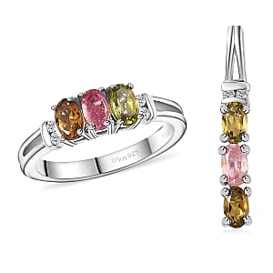 Multi-Tourmaline and White Zircon Trilogy Ring (Size 7.0) and Pendant without Chain in Rhodium Over Sterling Silver 1.50 ctw