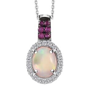 Premium Ethiopian Welo Opal and Multi Gemstone Halo Pendant Necklace 20 Inches in Platinum Over Sterling Silver 1.60 ctw