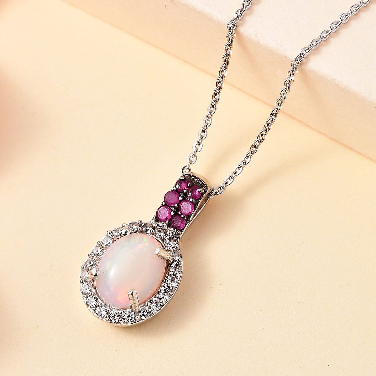 Premium Ethiopian Welo Opal and Multi Gemstone Halo Pendant Necklace 20 Inches in Platinum Over Sterling Silver 1.60 ctw image number 1