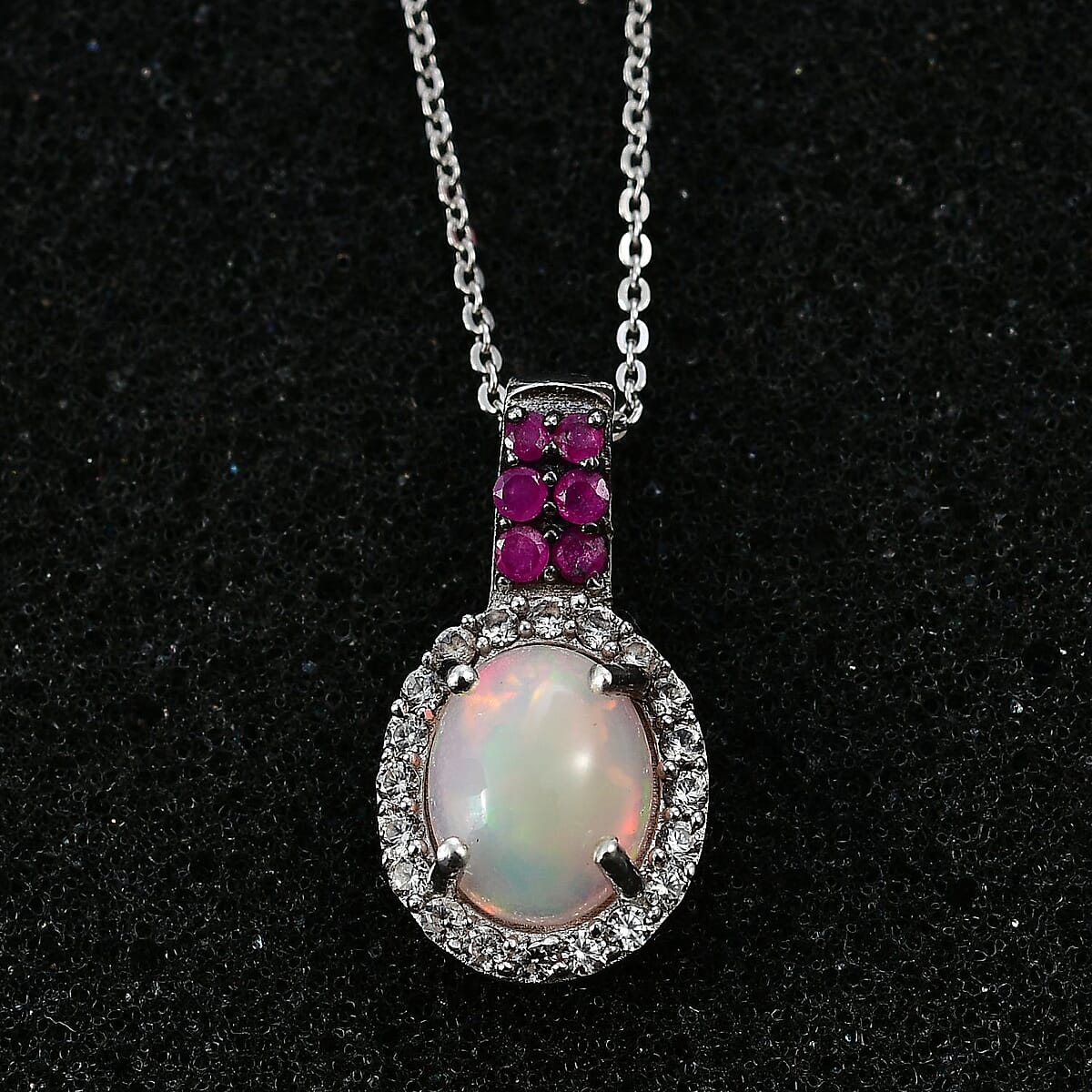 Premium Ethiopian Welo Opal and Multi Gemstone Halo Pendant Necklace 20 Inches in Platinum Over Sterling Silver 1.60 ctw image number 2