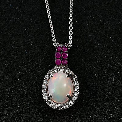 Premium Ethiopian Welo Opal and Multi Gemstone Halo Pendant Necklace 20 Inches in Platinum Over Sterling Silver 1.60 ctw