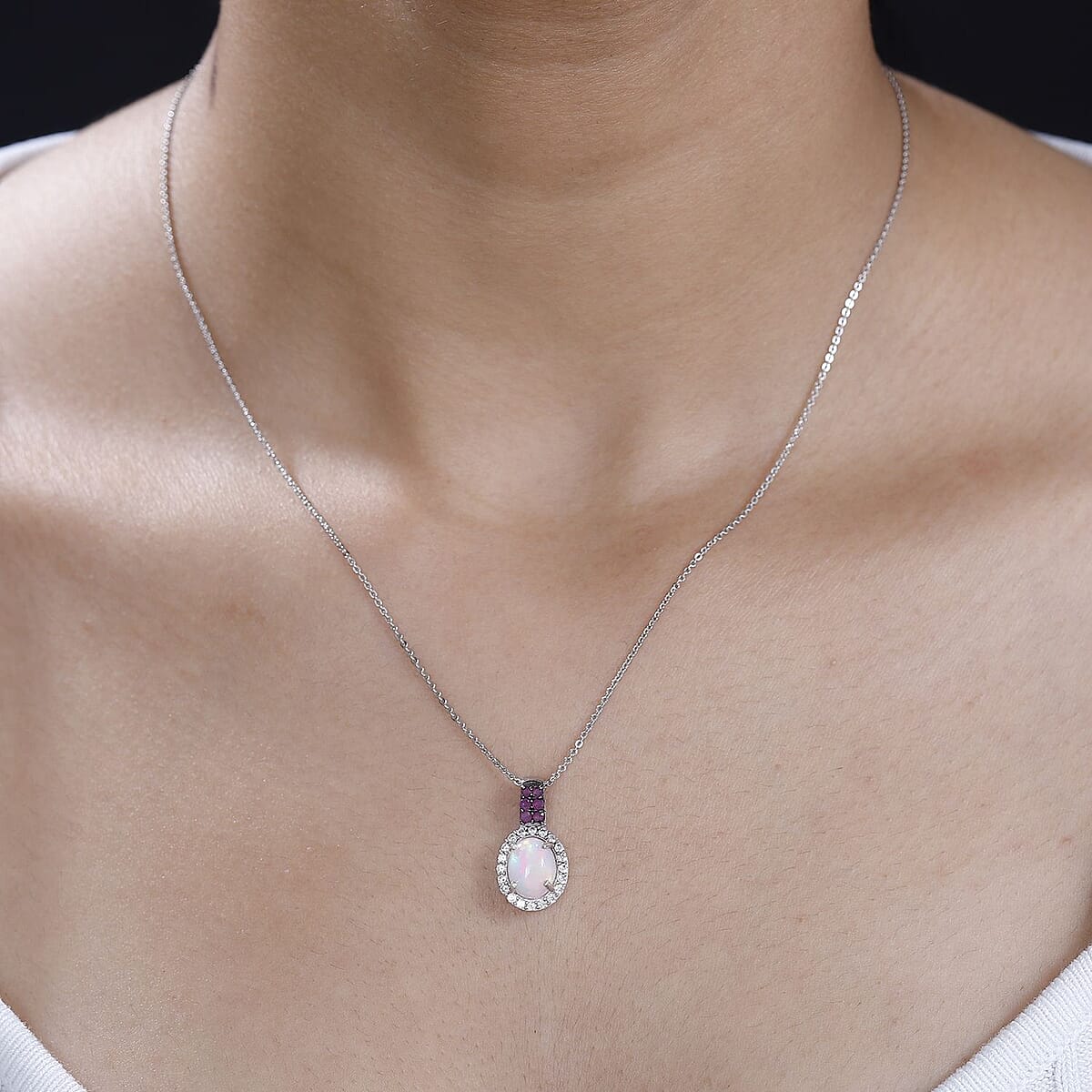 Premium Ethiopian Welo Opal and Multi Gemstone Halo Pendant Necklace 20 Inches in Platinum Over Sterling Silver 1.60 ctw image number 3