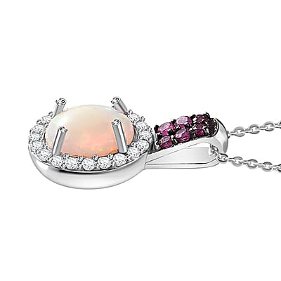 Premium Ethiopian Welo Opal and Multi Gemstone Halo Pendant Necklace 20 Inches in Platinum Over Sterling Silver 1.60 ctw
