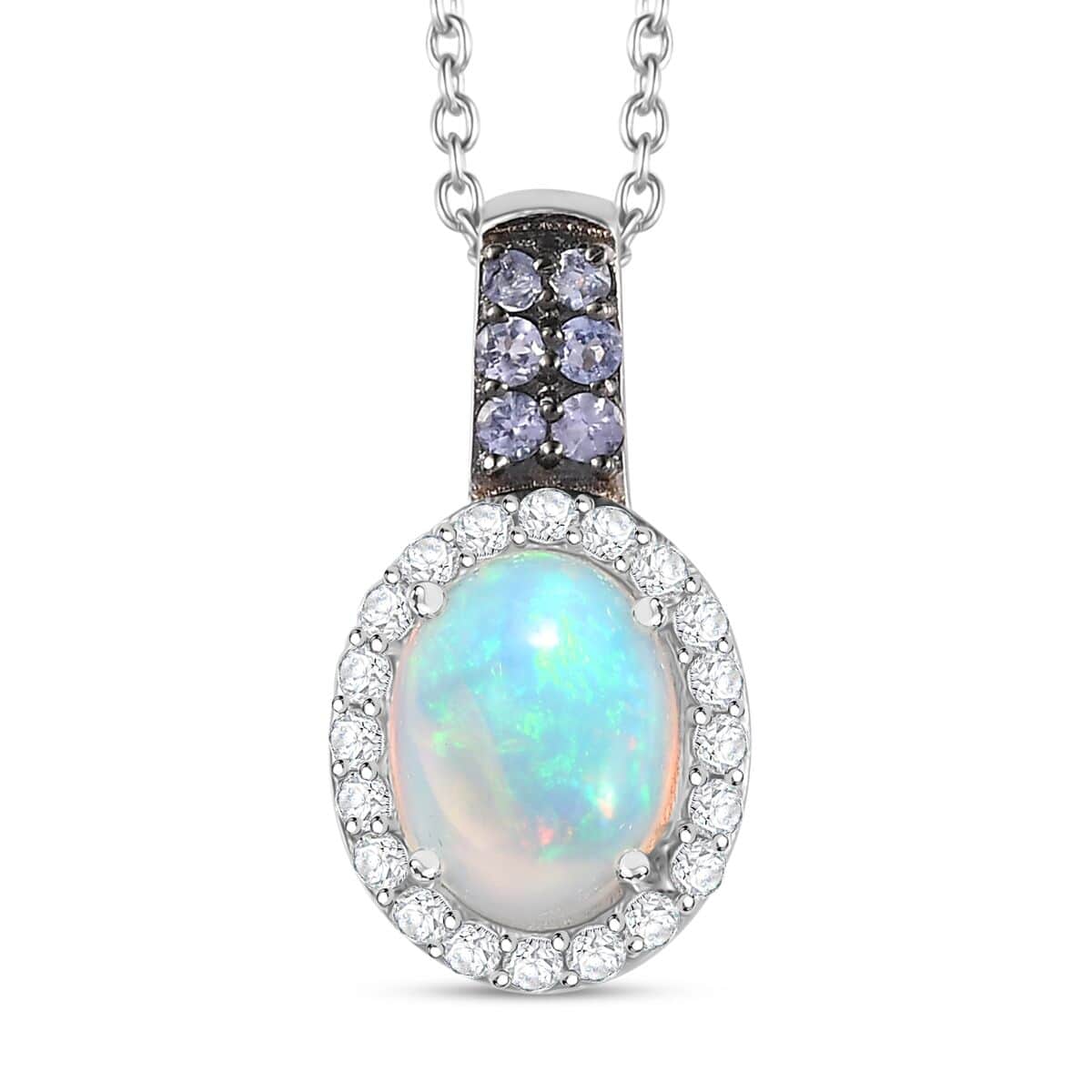 Premium Ethiopian Opal and Multi Gemstone Halo Pendant Necklace 20 Inches in Platinum Over Sterling Silver 1.75 ctw image number 0