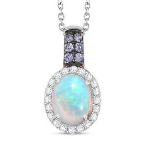 Premium Ethiopian Opal and Multi Gemstone Halo Pendant Necklace 20 Inches in Platinum Over Sterling Silver 1.75 ctw