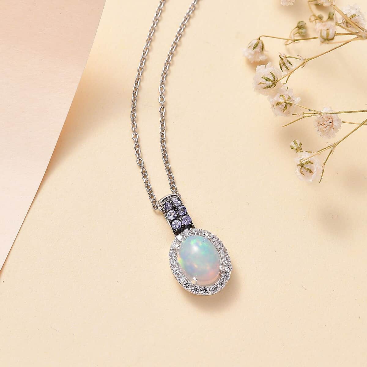 Premium Ethiopian Opal and Multi Gemstone Halo Pendant Necklace 20 Inches in Platinum Over Sterling Silver 1.75 ctw image number 1