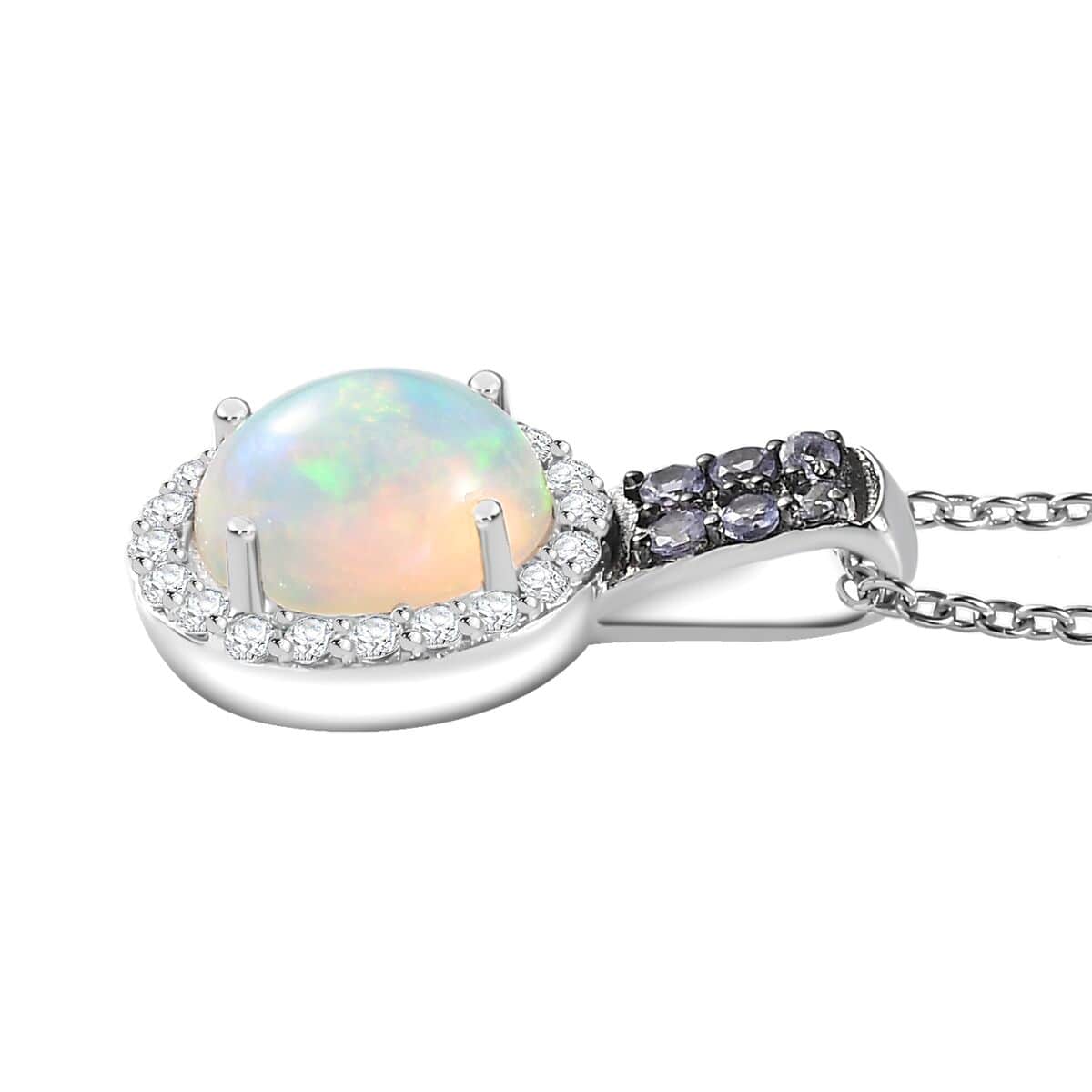 Premium Ethiopian Opal and Multi Gemstone Halo Pendant Necklace 20 Inches in Platinum Over Sterling Silver 1.75 ctw image number 3