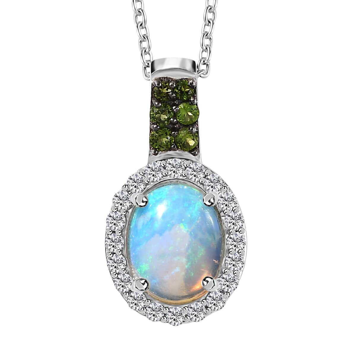 Premium Ethiopian Welo Opal and Multi Gemstone Halo Pendant Necklace 20 Inches in Platinum Over Sterling Silver 1.75 ctw image number 0