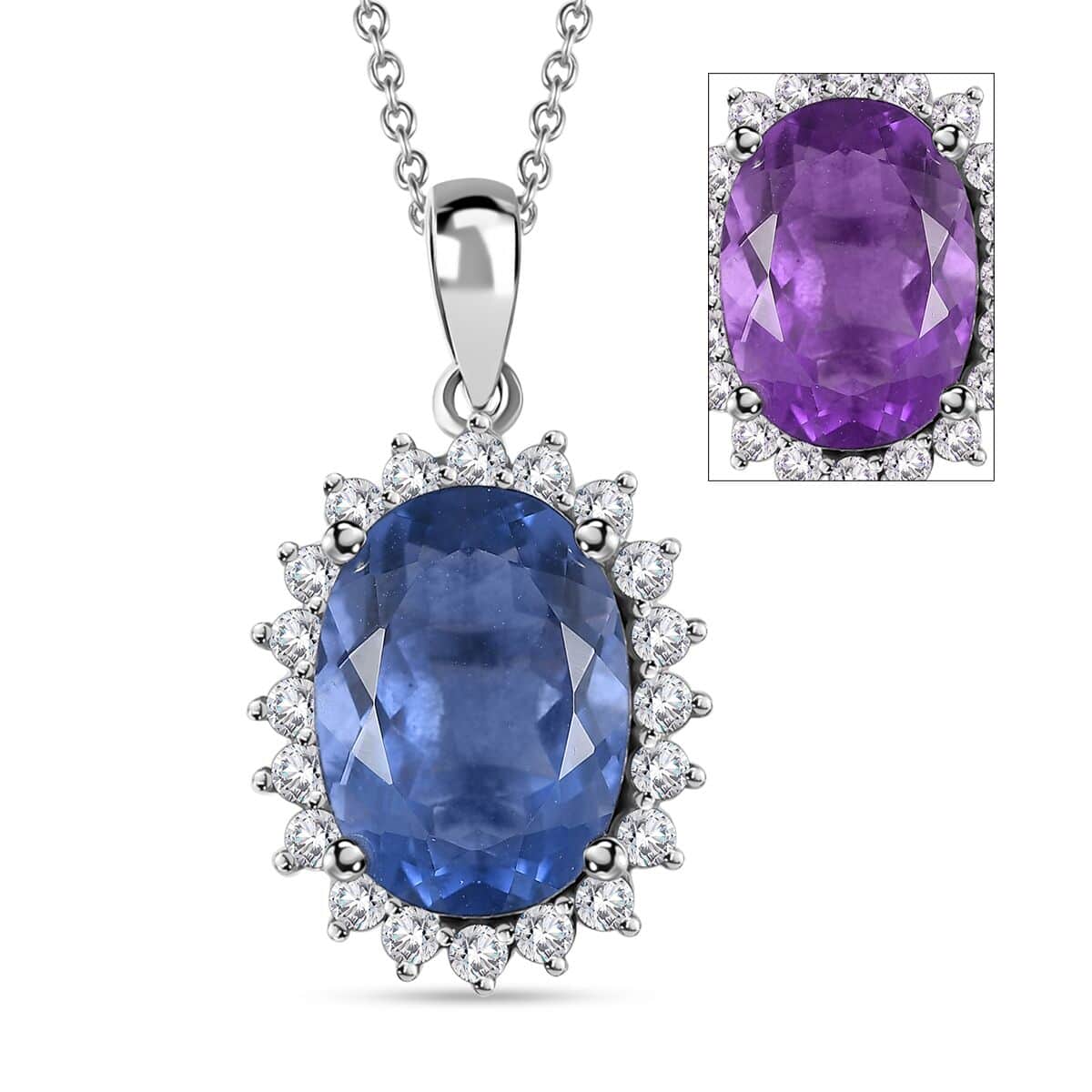 Color Change Fluorite (IR) and White Zircon Sunburst Pendant Necklace 20 Inches in Rhodium Over Sterling Silver 8.40 ctw image number 0