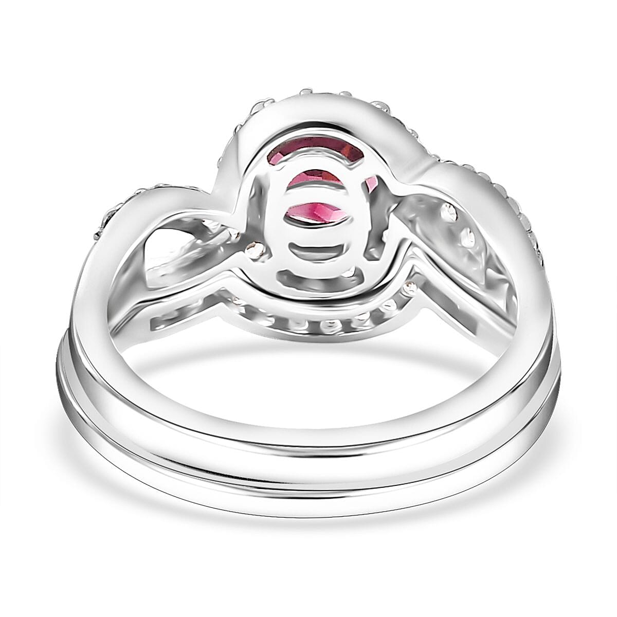 Tanzanian Wine Garnet and White Zircon Set of 2 Stackable Ring in Rhodium Over Sterling Silver (Size 5.0) 1.50 ctw