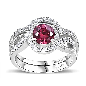 Tanzanian Wine Garnet, White Zircon Set of 2 Stackable Ring in Rhodium Over Sterling Silver (Size 6.0) 1.50 ctw