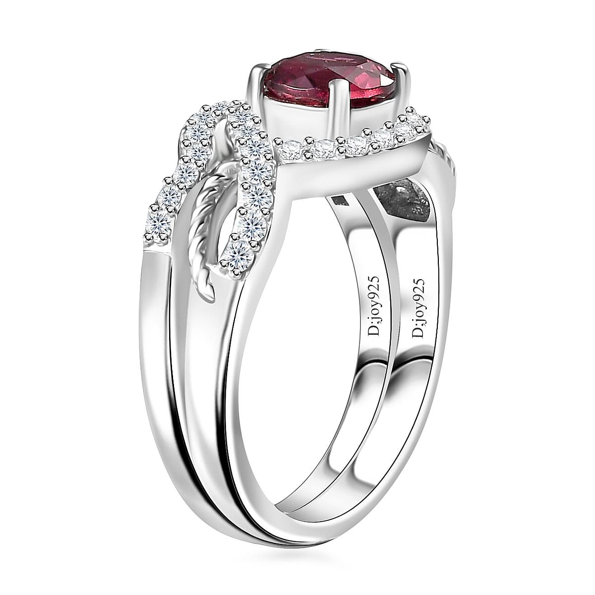 Tanzanian Wine Garnet, White Zircon Set of 2 Stackable Ring in Rhodium Over Sterling Silver (Size 6.0) 1.50 ctw image number 3