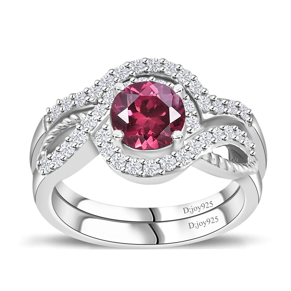 Tanzanian Wine Garnet and White Zircon Set of 2 Stackable Ring in Rhodium Over Sterling Silver (Size 7.0) 1.50 ctw image number 0