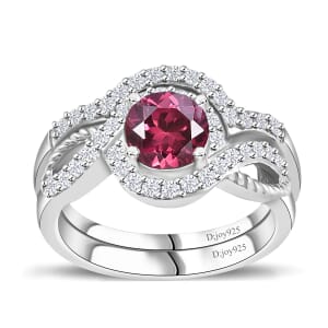 Tanzanian Wine Garnet and White Zircon Set of 2 Stackable Ring in Rhodium Over Sterling Silver (Size 7.0) 1.50 ctw