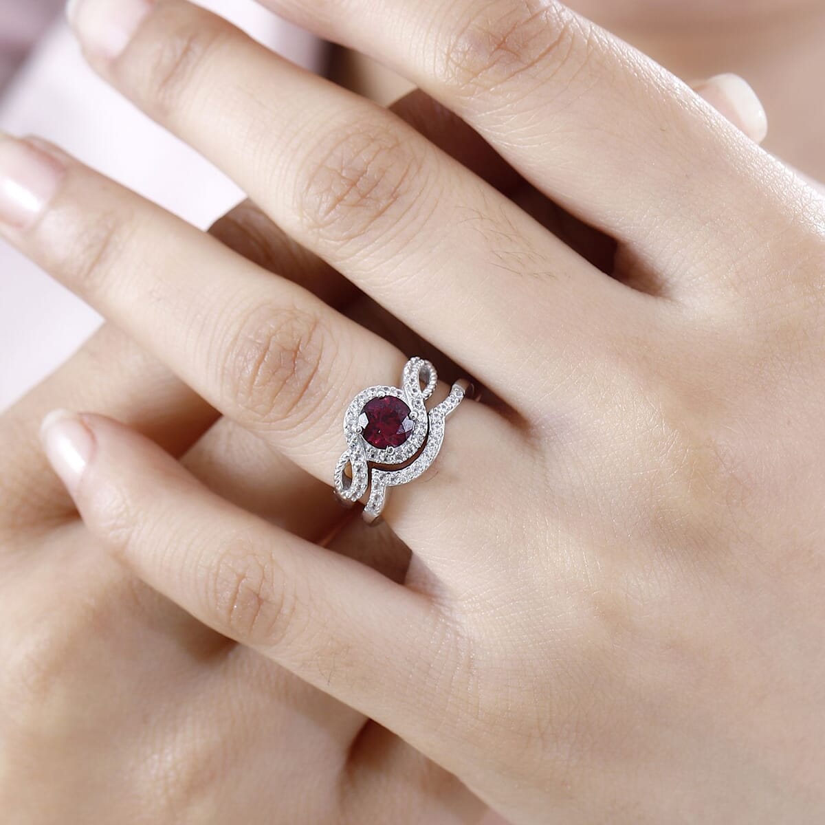 Tanzanian Wine Garnet and White Zircon Set of 2 Stackable Ring in Rhodium Over Sterling Silver (Size 7.0) 1.50 ctw image number 2