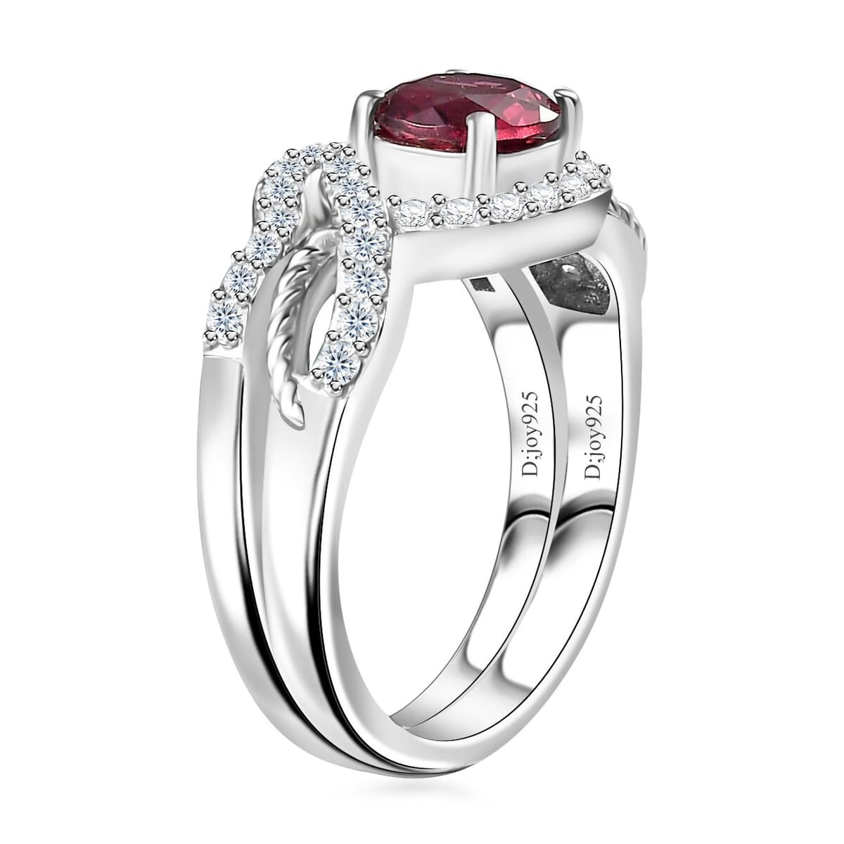 Tanzanian Wine Garnet and White Zircon Set of 2 Stackable Ring in Rhodium Over Sterling Silver (Size 7.0) 1.50 ctw image number 3