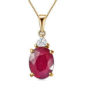 Niassa Ruby (FF) and White Zircon Pendant Necklace 20 Inches in 18K Yellow Gold Vermeil Over Sterling Silver 3.15 ctw