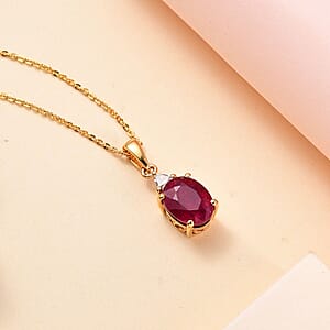 Niassa Ruby (FF) and White Zircon Pendant Necklace 20 Inches in 18K Yellow Gold Vermeil Over Sterling Silver 3.15 ctw