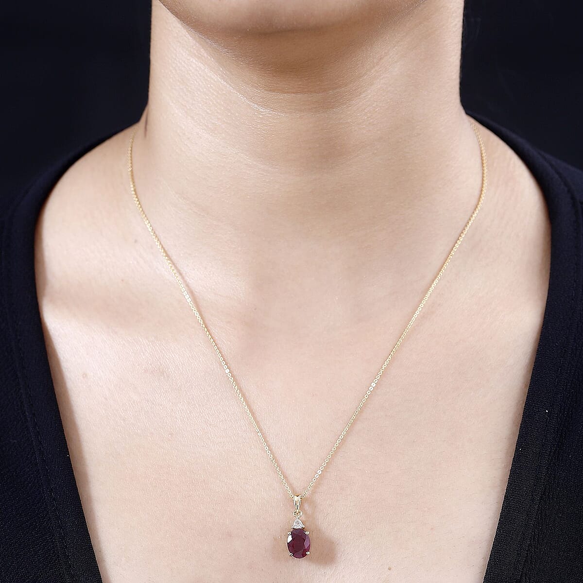 Niassa Ruby (FF) and White Zircon Pendant Necklace 20 Inches in 18K Yellow Gold Vermeil Over Sterling Silver 3.15 ctw image number 2