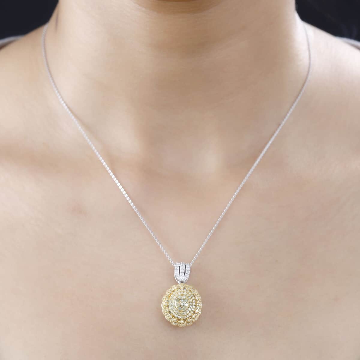 Natural Yellow Diamond I3 and White Diamond Pendant Necklace 20 Inches in Rhodium Over Sterling Silver 1.00 ctw image number 2