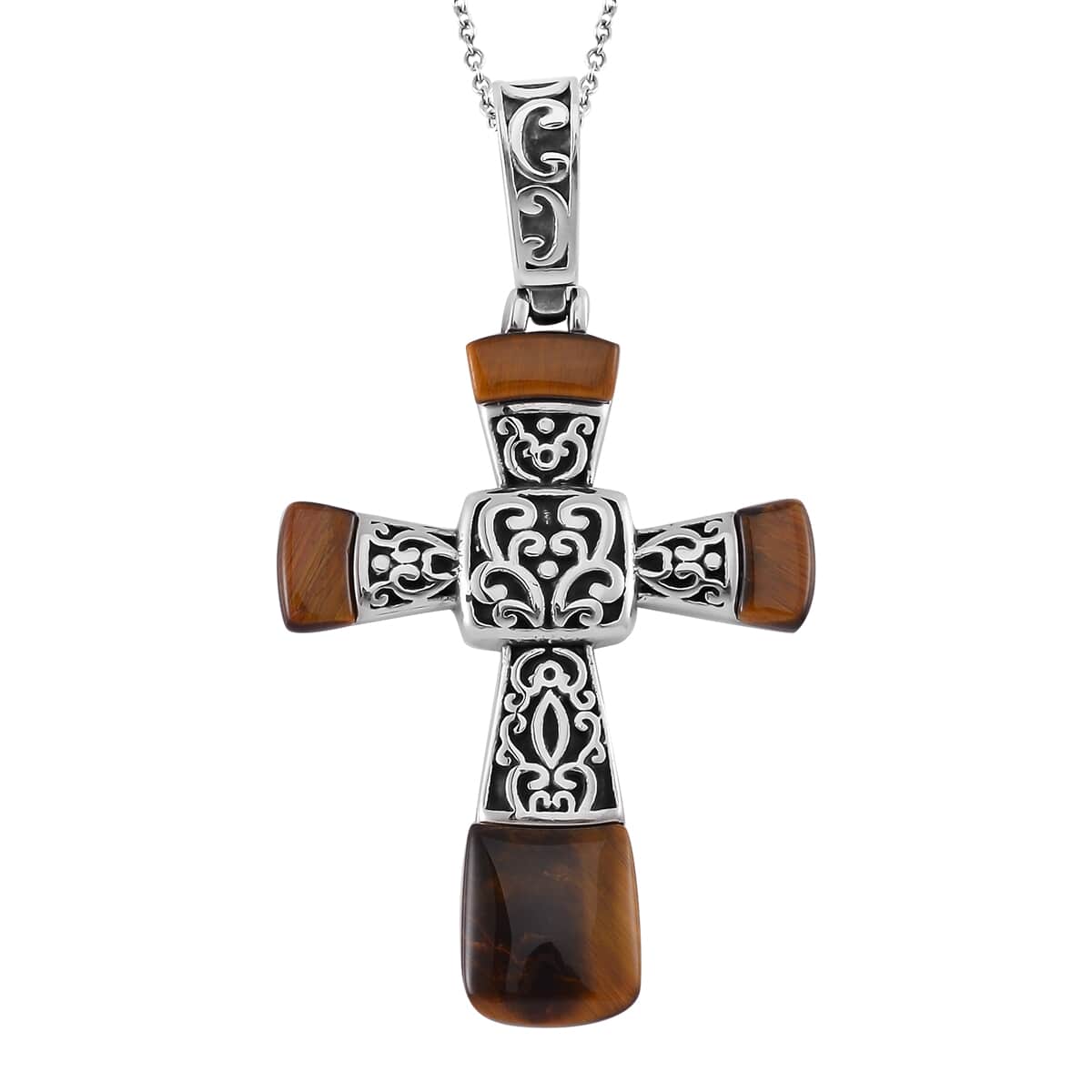 Yellow Tiger Eye Inlay Cross Pendant Necklace 24 Inches in Stainless Steel 7.10 ctw image number 0