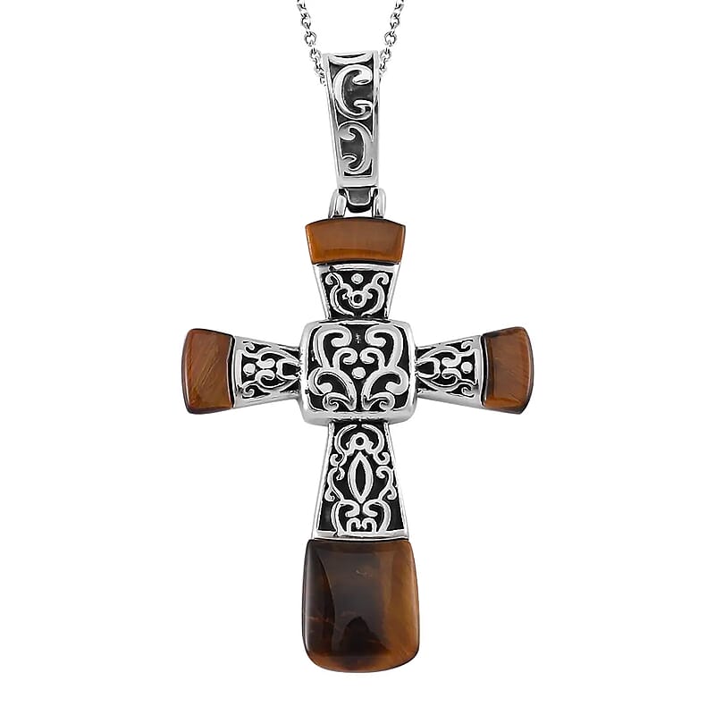 Yellow Tiger Eye 7.10 ctw Inlay Cross Pendant Necklace in Stainless Steel 24 Inches