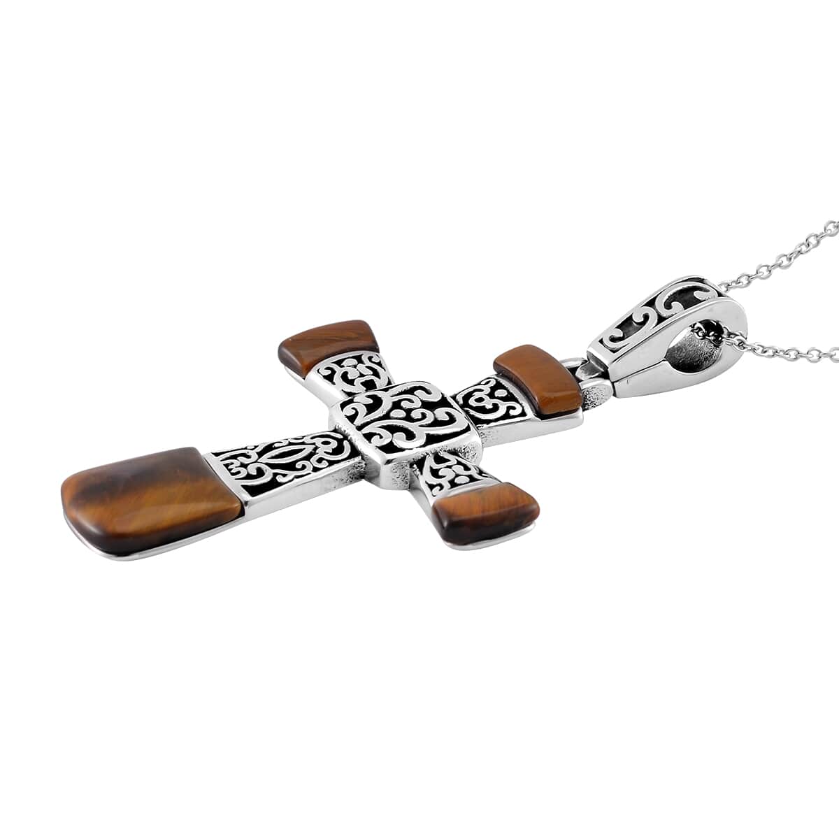 Yellow Tiger Eye Inlay Cross Pendant Necklace 24 Inches in Stainless Steel 7.10 ctw image number 2