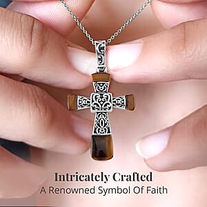 Yellow Tiger Eye 7.10 ctw Inlay Cross Pendant Necklace in Stainless Steel 24 Inches 