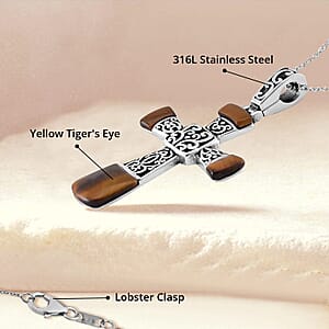Yellow Tiger Eye 7.10 ctw Inlay Cross Pendant Necklace in Stainless Steel 24 Inches 