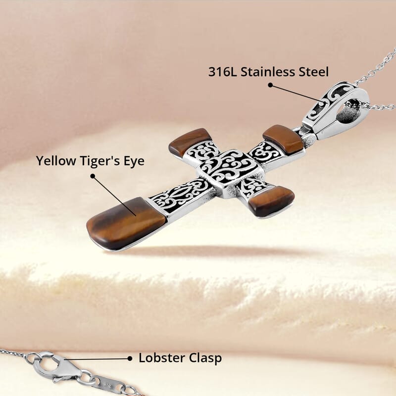 Yellow Tiger Eye 7.10 ctw Inlay Cross Pendant Necklace in Stainless Steel 24 Inches
