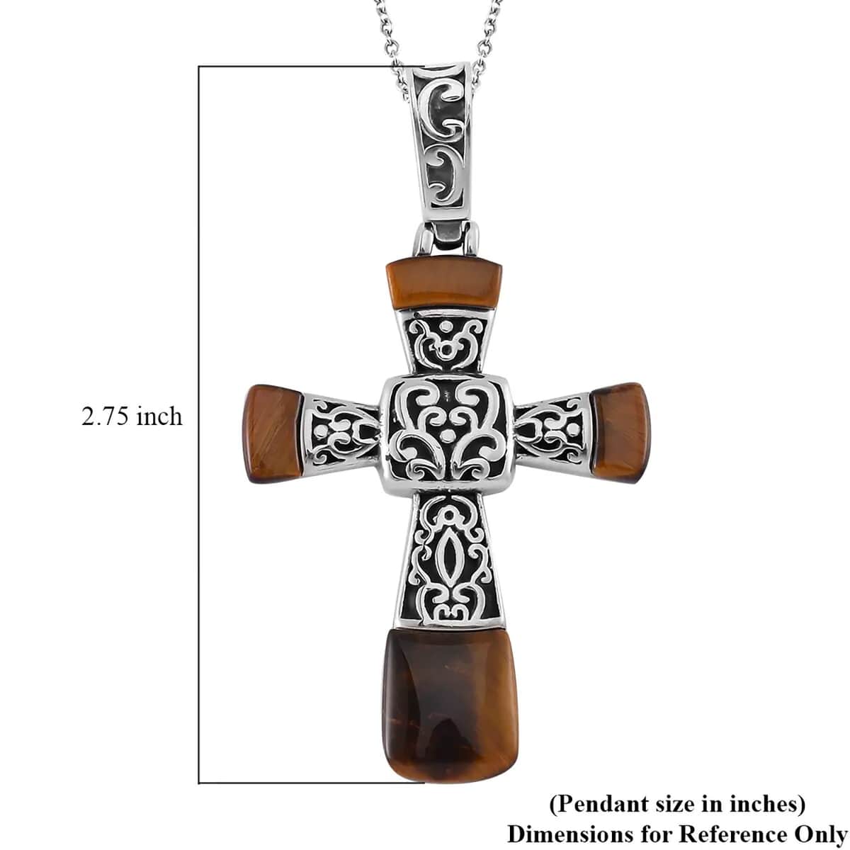 Yellow Tiger Eye Inlay Cross Pendant Necklace (24 Inches) in Stainless Steel 7.10 ctw image number 5