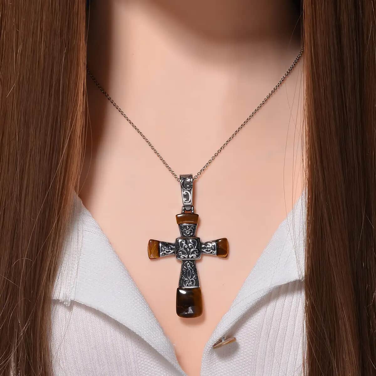 Yellow Tiger Eye Inlay Cross Pendant Necklace (24 Inches) in Stainless Steel 7.10 ctw image number 6