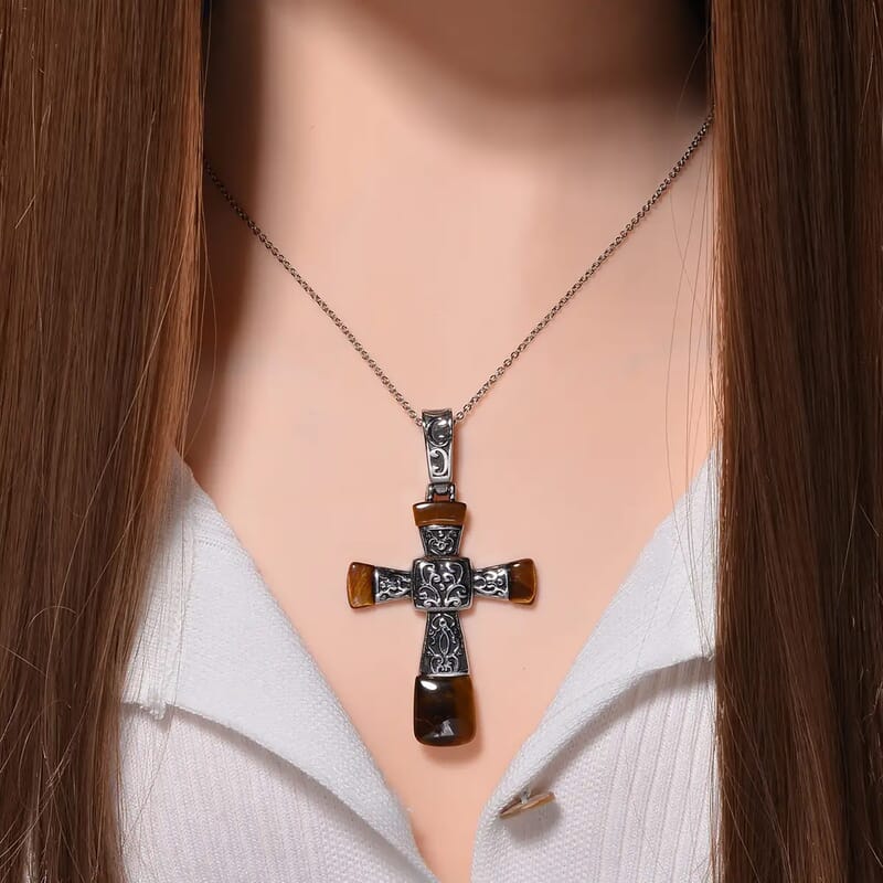 Yellow Tiger Eye 7.10 ctw Inlay Cross Pendant Necklace in Stainless Steel 24 Inches