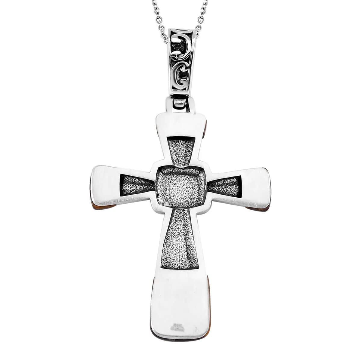 Yellow Tiger Eye Inlay Cross Pendant Necklace (24 Inches) in Stainless Steel 7.10 ctw image number 7