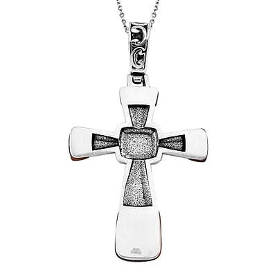 Yellow Tiger Eye 7.10 ctw Inlay Cross Pendant Necklace in Stainless Steel 24 Inches