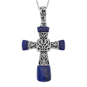 Lapis Lazuli Inlay Cross Pendant Necklace 24 Inches in Stainless Steel 7.10 ctw